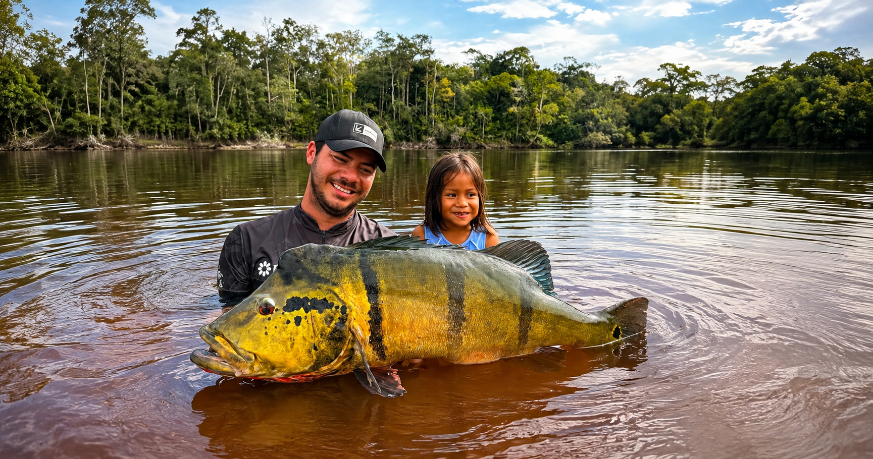 Bruno Fernandes segurando o tucunaré-açu de 83 cm, recorde vigente BGFA, no Rio Caño Bocón
